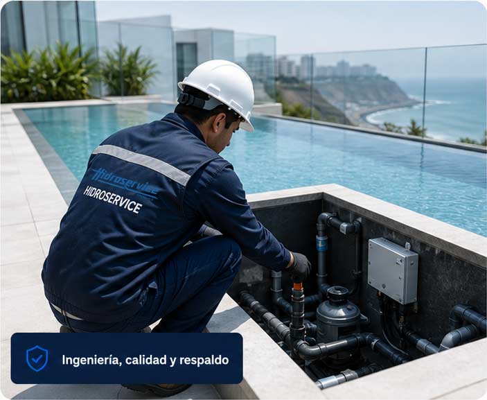 Técnico de Hidroservice revisando un sistema de piscina